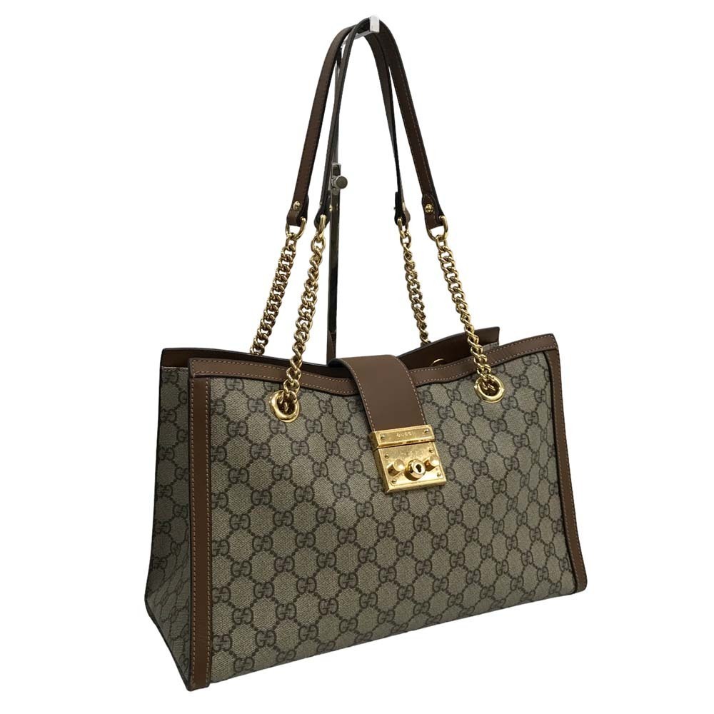 Gucci Tote Bag Padlock Chain Shoulder Strap GG Supreme Ebony Beige Brown